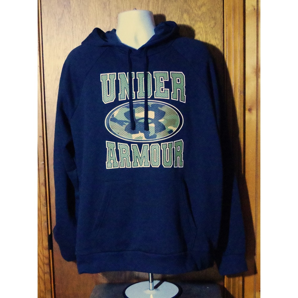 NWT Under‎ Armour Men's XL Rival Fleece Hoodie Black Blue Camo Logo Sweatshirt